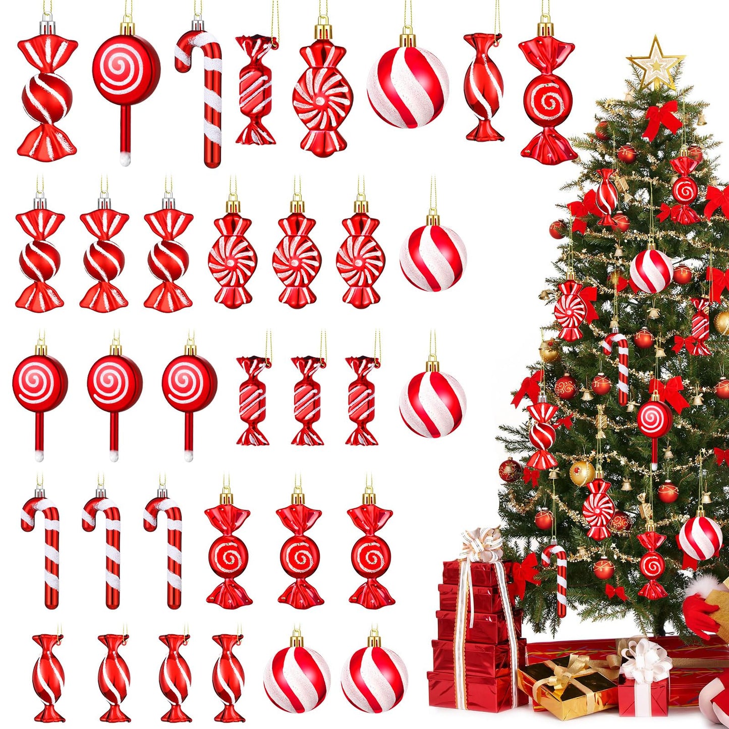 Aoriher 24 Pcs Christmas Candy Cane Ornament Red and White Plastic Peppermint Candy Cane Christmas Decorations Xmas Hanging Lollipop Pattern Decorations with Rope for Xmas Party Holiday Festival Decor