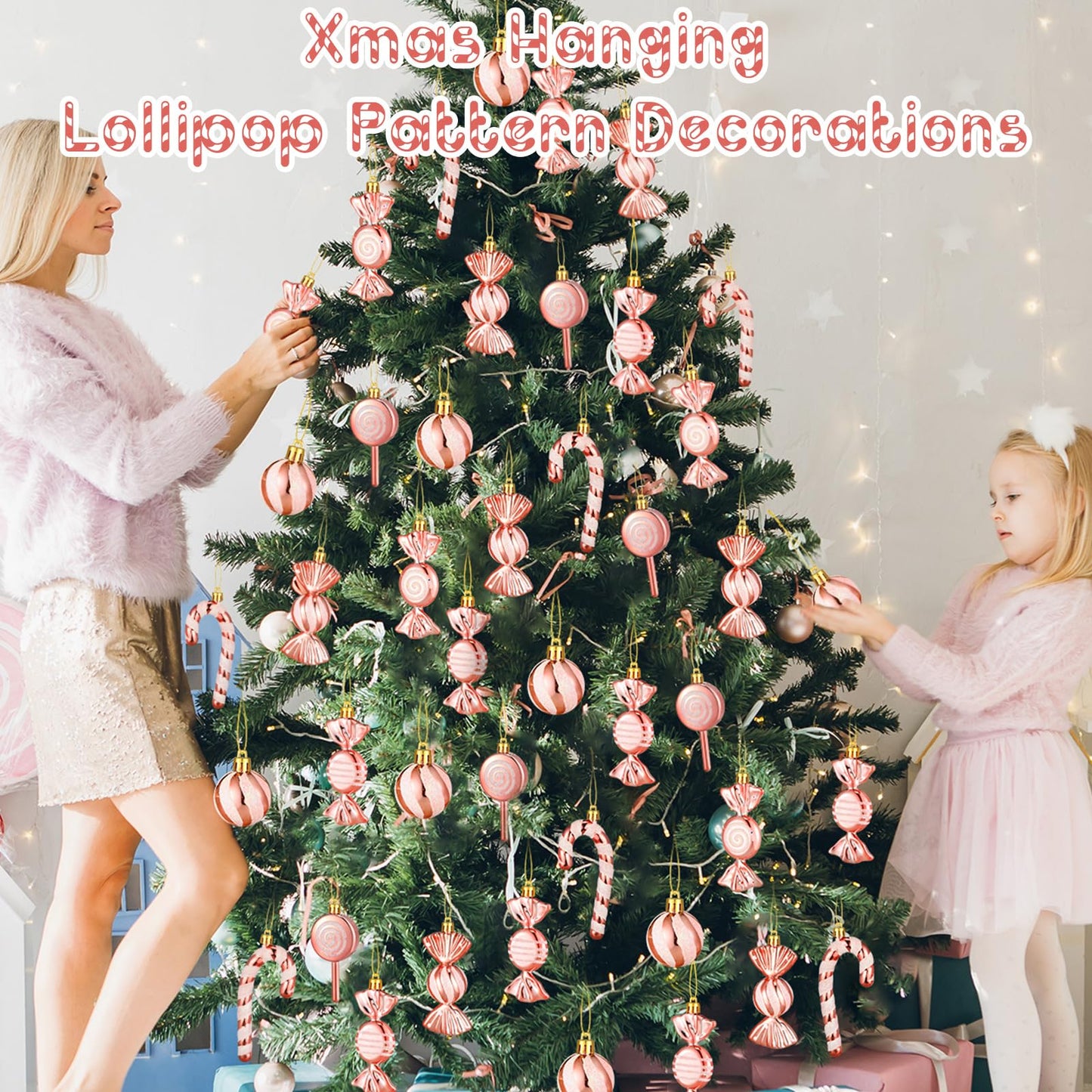 Liliful 30 Pcs Christmas Candy Cane Lollipop Ornaments Set Plastic Holiday Peppermint Candy Home Hanging Ornament Lollipop with Rope for Xmas New Year Party Decor(Rose Gold White)