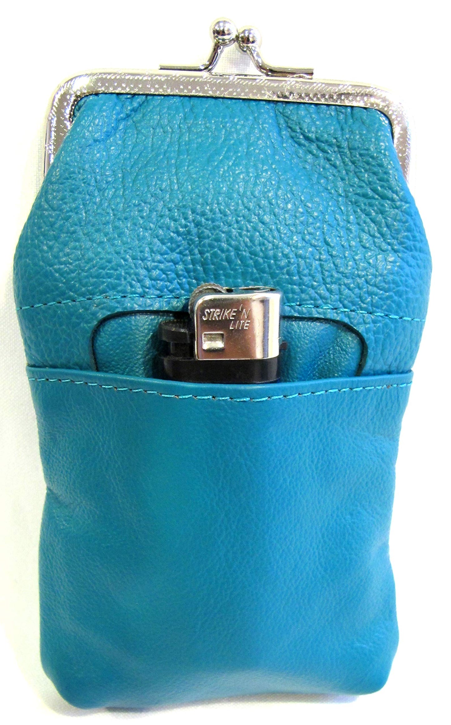 Women 100% Pure Leather Cigarette Case Lighter Match Pocket Zipper Coin Pouch -Teal