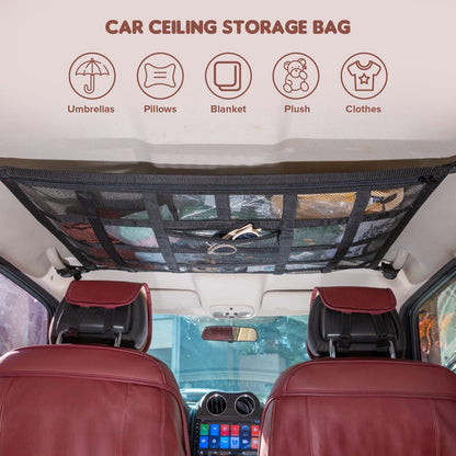 Upgrade Car Ceiling Cargo Net Pocket,31.5"x21.6" Strengthen Load-Bearing and Double-Layer Mesh Car Roof Storage Organizer,Truck SUV Van Travel Long Road Trip Camping Interior Accessories