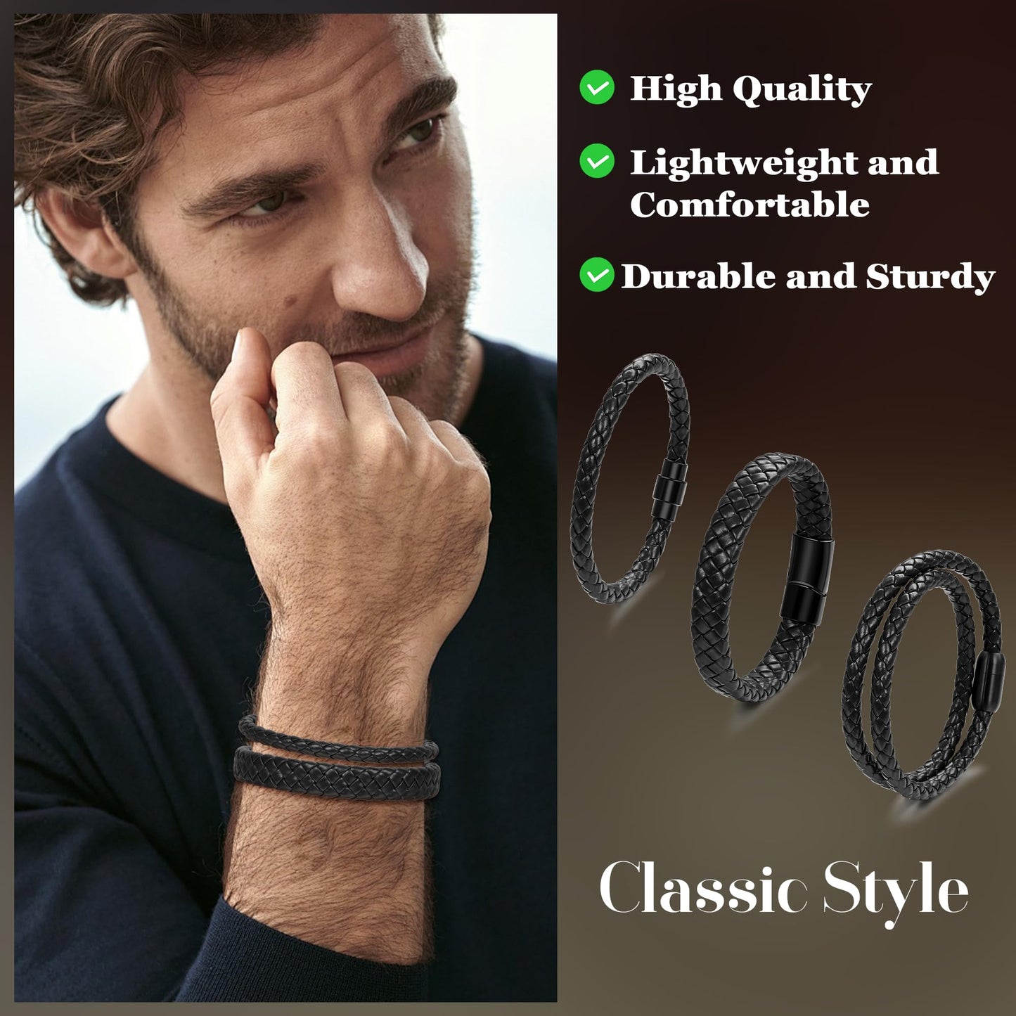 SOMEITIA 3Pcs Genuine Italian Braided Leather for Men Women Leather Wrist Cuff Bracelets Black Brown Stainless Steel Clasp Wrap Wristband Black 9.0 Inch