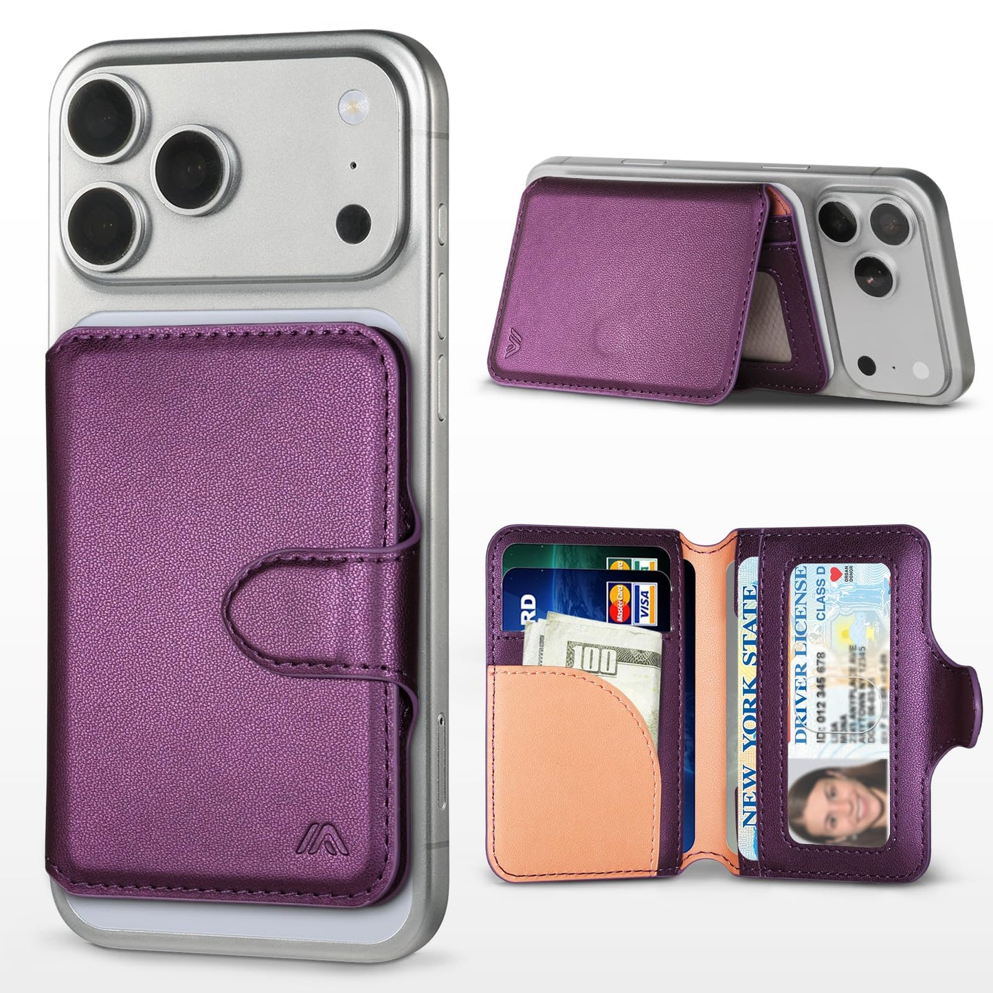 MEFON for MagSafe Wallet, Magnetic Phone Wallet RFID Blocking, Slim 5-8 Card Holder with Cash Slot & Clear ID Window, Minimalist Mag Safe Wallets for iPhone 17/16/15/14/13/12 Series, Amethyst Purple