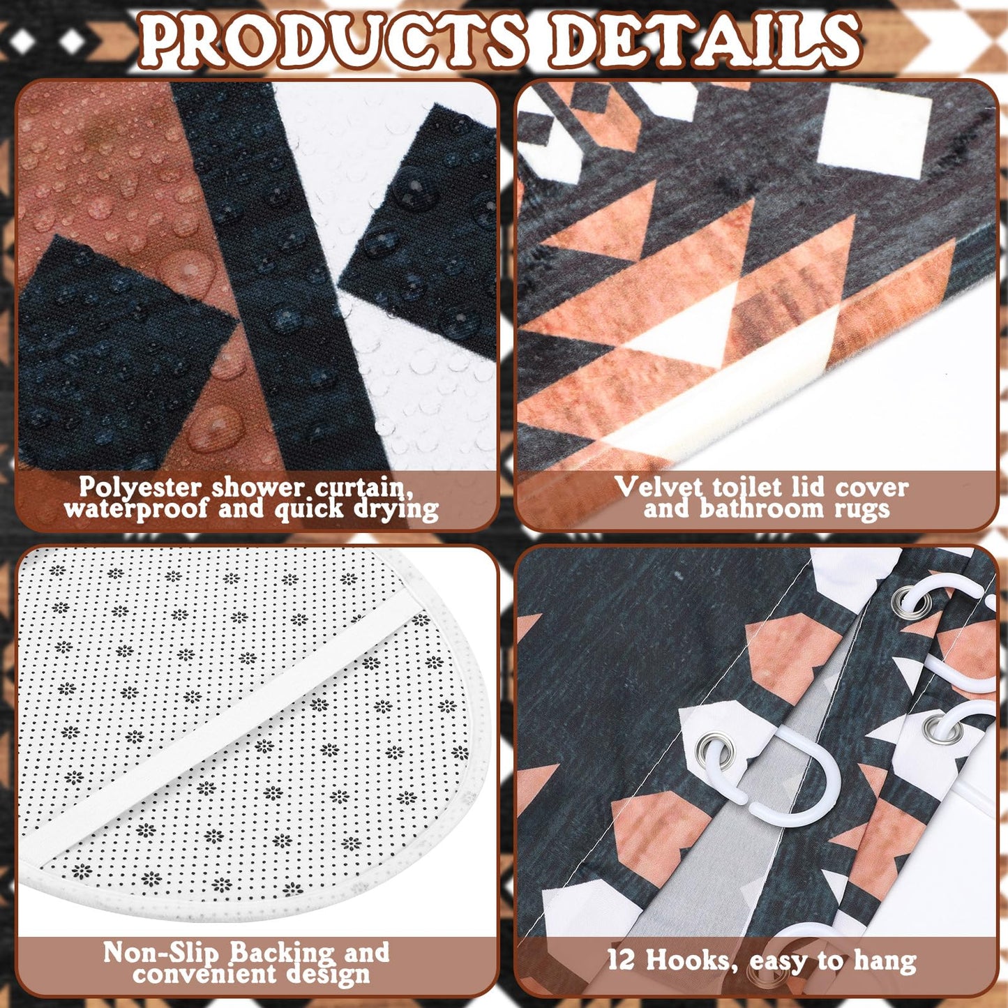 FuWeave 8 Pcs Western Aztec Shower Curtain Set, Southwestern Boho Geometric Bathroom Decor with Waterproof Curtain, Non Slip Rugs, Toilet Lid Cover, Bath Mat & 12 Hooks, Abstract Pattern for Bathroom