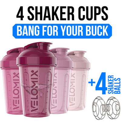 VELOMIX -4 PACK- 20 OZ Protein Shaker Bottle for Protein Mixes - 4x Wire Whisk | Leak Proof Shaker Cups for Protein Shakes | Stackable Protein Shaker Bottle Pack | Dishwasher Safe (Berry Blend)