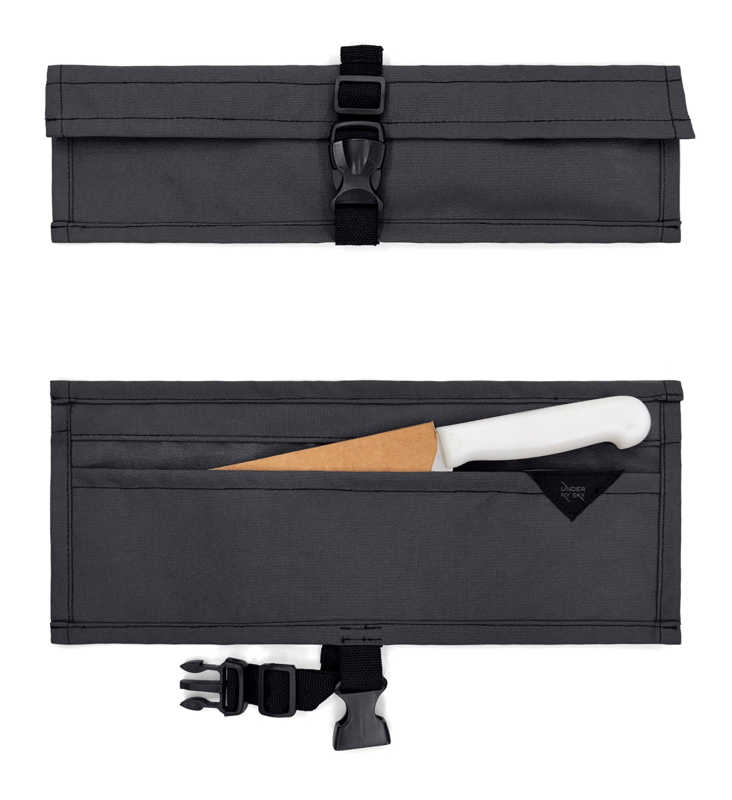 Under NY Sky Knife Roll Case - 1 Slot - Heavy Duty Oxford Canvas Pouch - Leather Reinforced - Portable Bag for Cooking Tools, Utensils, Cutlery Knives, Brushes - Chefs, Kitchen, Travel, Gift - Gray