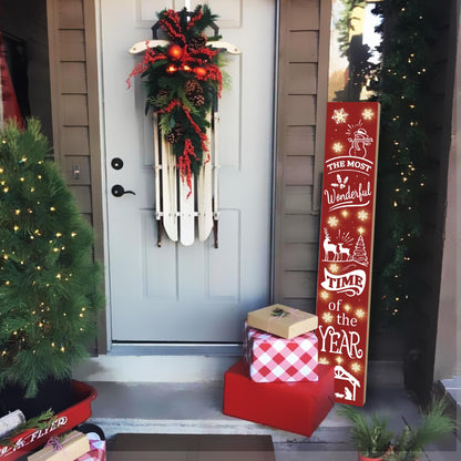 Lighted Wooden Welcome Sign, Merry Christmas Snowflake Elk Porch Sign for Front Door Decorations, Rustic Farmhouse Red Xmas Hanging Signs Wall Sign for Christmas Happy New Year Decor 47.2"H