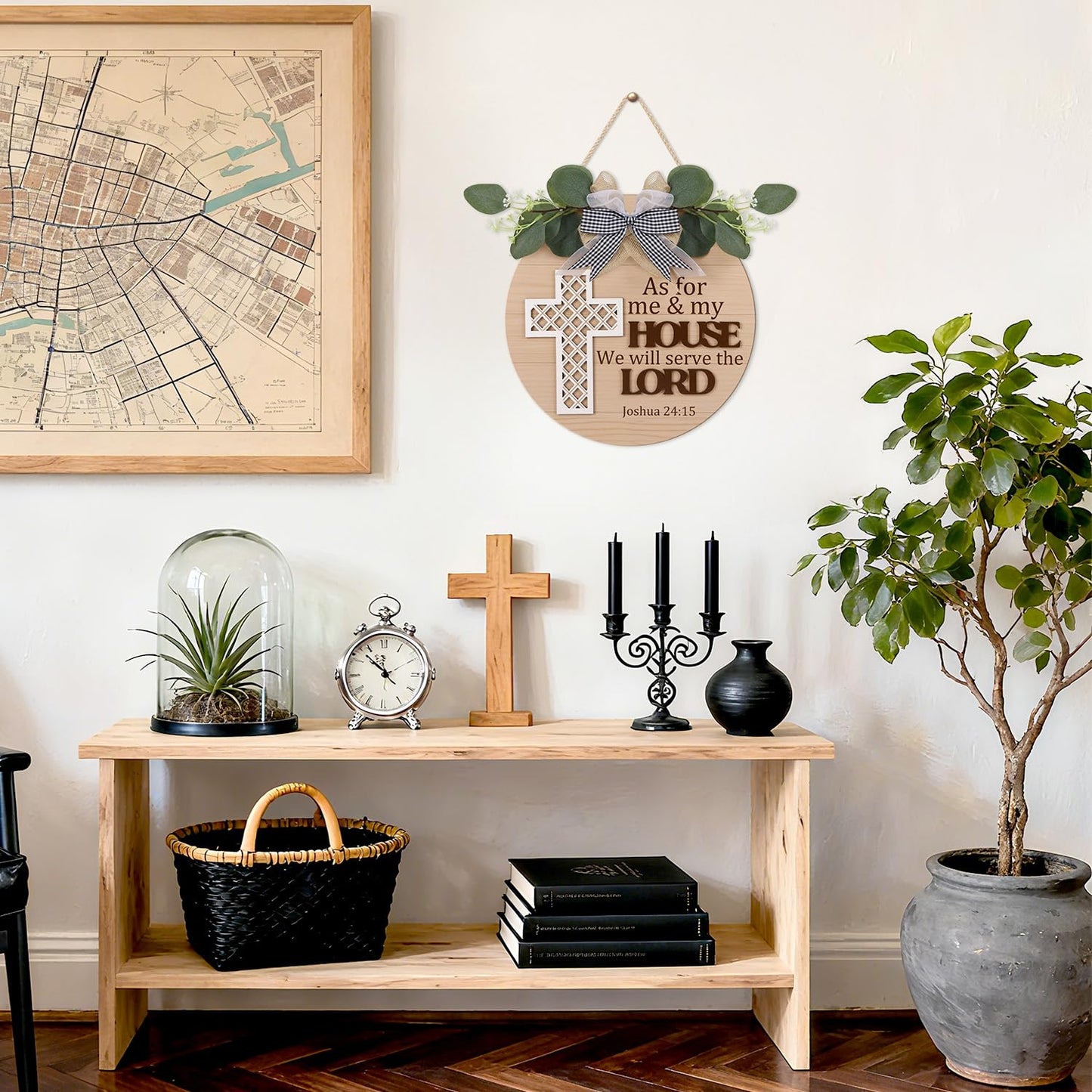 TOARTi Christian Cross Front Door Sign Wreath (11.4"x11.4"), Bible Verse Joshua 24:15 We Will Serve The Lord Wall Sign Hanging, Religious Home Wooden Door Decoration for Housewarming