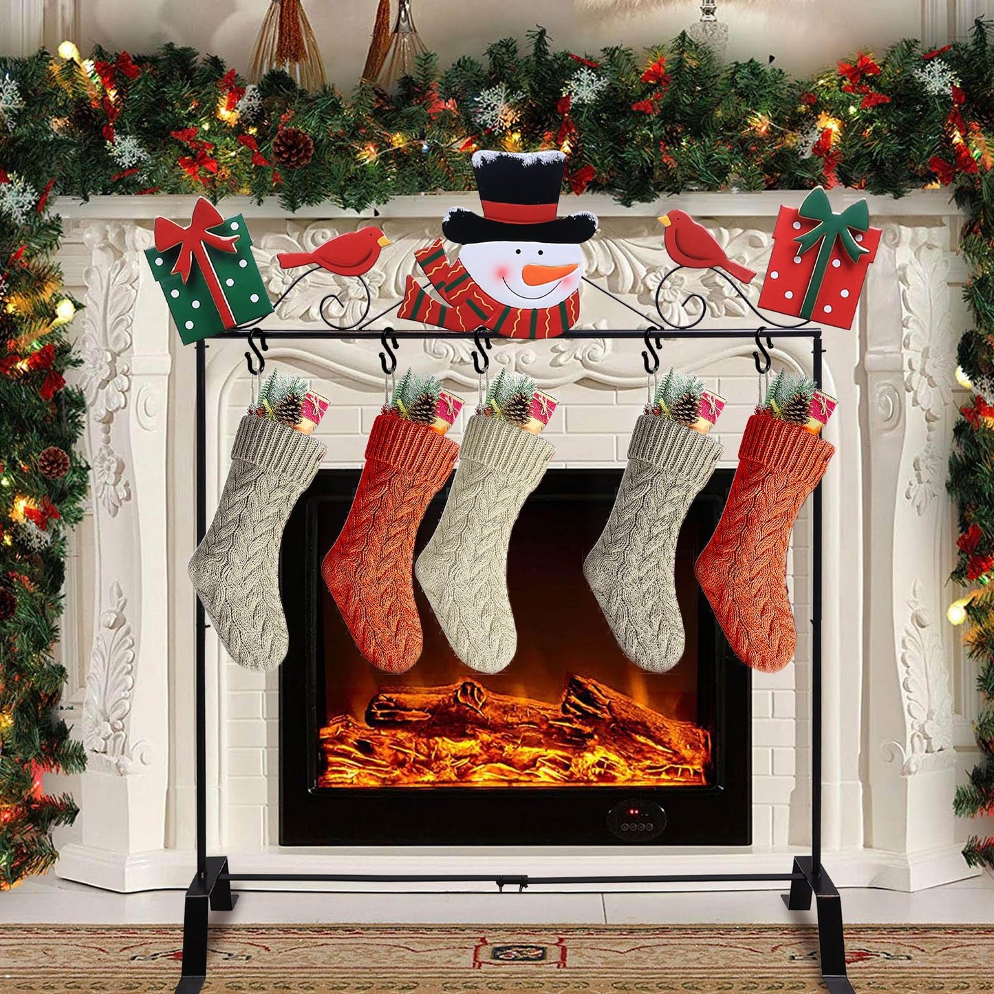 YEAHOME Christmas Stocking Holder Stand, Metal Freestanding Stocking Stand with Snowman Red Bird Xmas Gifts Box, 5 Hooks Stocking Hanger for Christmas Decorations Indoor Home Living Room Fireplace