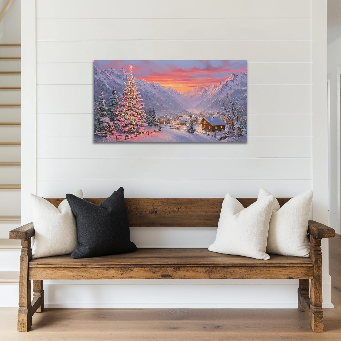 GUTTATY Christmas Canvas Wall Art, Santa Inspired Snow Scene Canvas Painting, Holiday Village Wall Decor, Festive Sunset Poster Print for Living Room, Bedroom, Indoor Christmas Decorations, 32x16 Inch