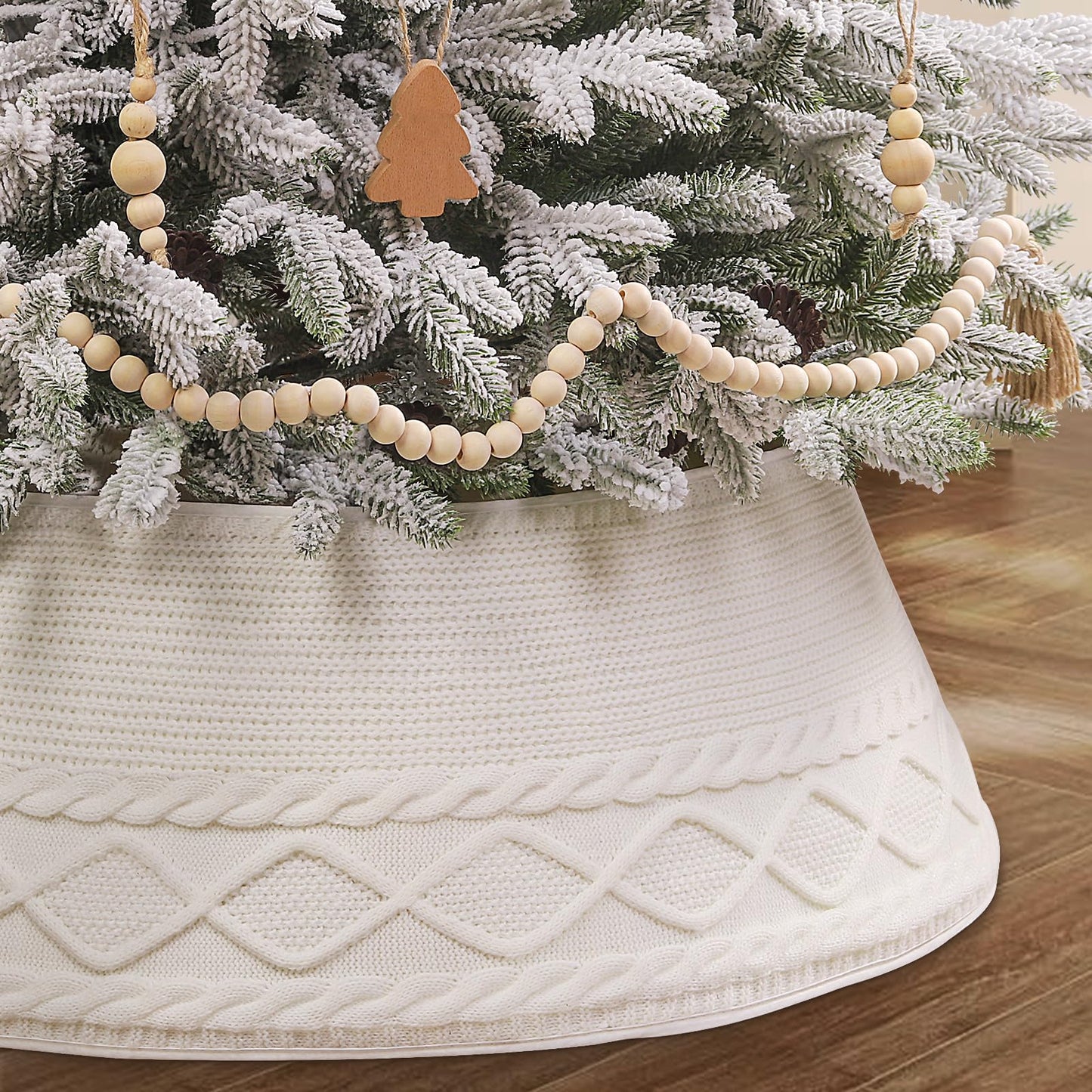 Teeanzo Christmas Tree Collar Skirt,Knitted Cream White Diamond Edge Cable Stand Farmhouse Rustic Tree Ring for Artificial Christmas Tree Base Cover Holiday Home Party Decoration