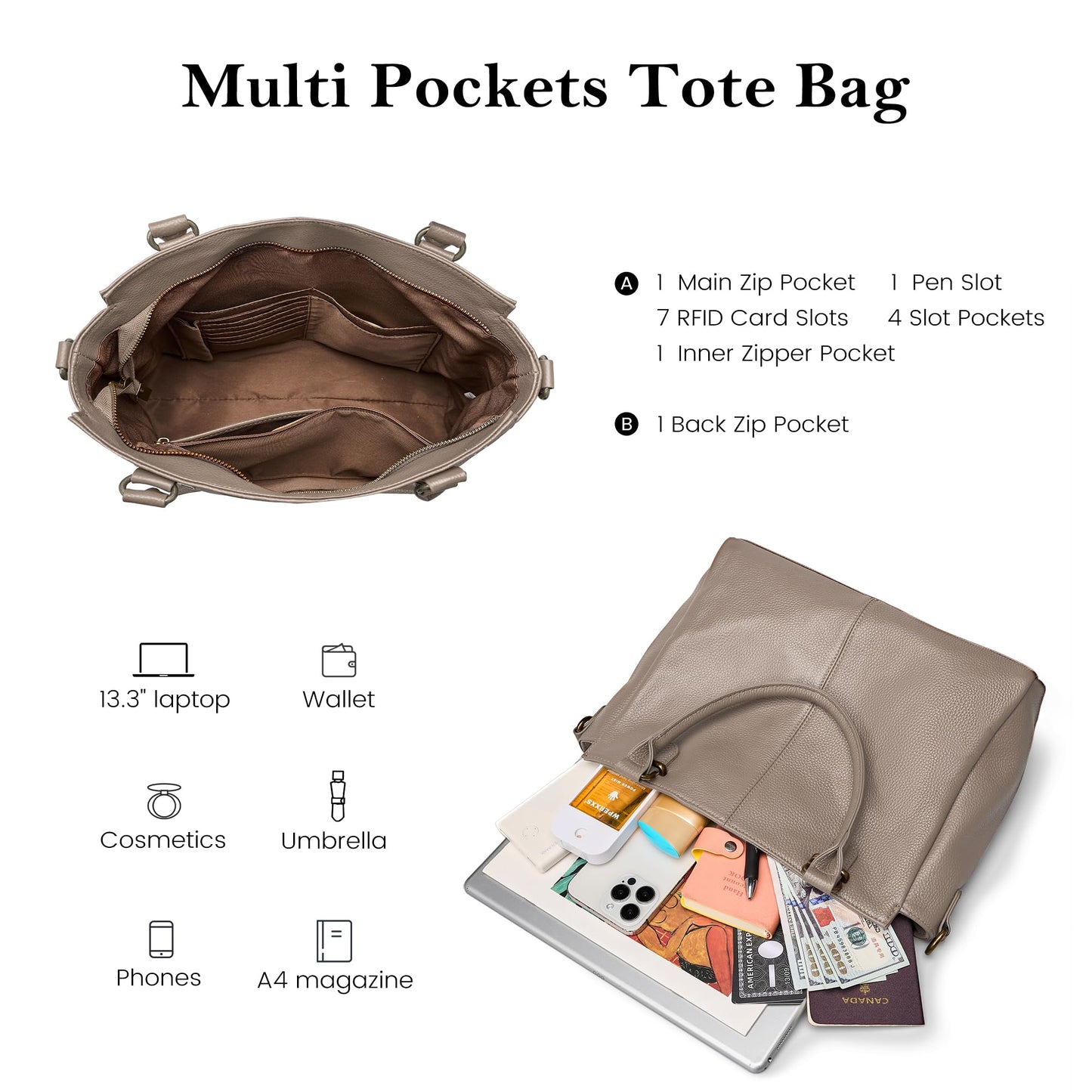 befen Soft Genuine Leather Medium Tote Bag Crossbody Bags for Women Leather Purses Handbags Satchel Purse Shouder Bag with Top Handles for Daily & Travel Taupe