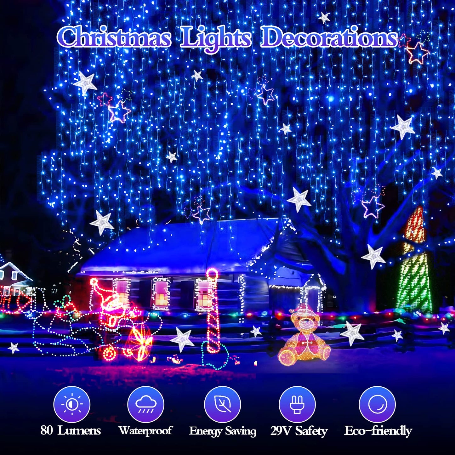 FLVOECN 480 LED 49FT Christmas Lights Plug in 8 Modes with Timer Dimmable Christmas Decorations Outdoor Waterproof Indoor Curtain String Lights for Roof Porch Garden Holiday Wedding Party Decor Blue