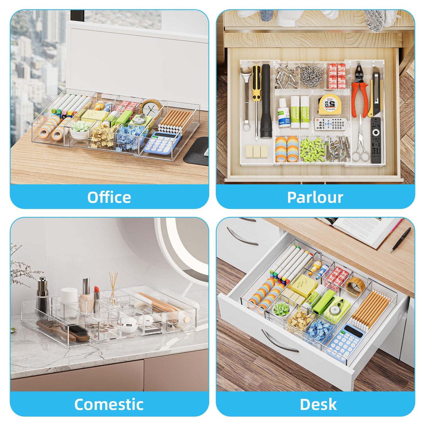 Marbrasse Acrylic Expandable Drawer Organizer, Clear Desk Drawer Organizer Tray with 5 Dividers, Desk Organizers and Accessories, 10 Adjustable Compartments for Office Supplies, Makeup & Vanity