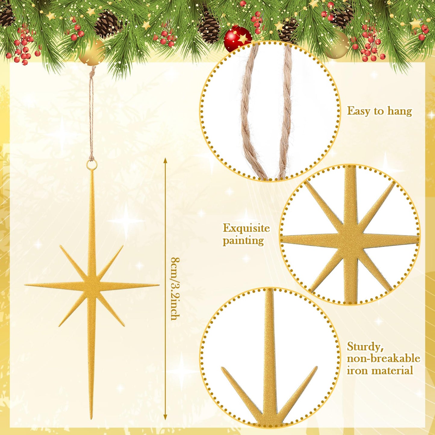 MorningRo 20 Pcs Gold Glitter Star Ornament for Tree Glitter Metal Nativity Star of Bethlehem Ornaments Golden Cast Iron 3.15inch Religious Nativity Scene Hanging Gift for Party Decor