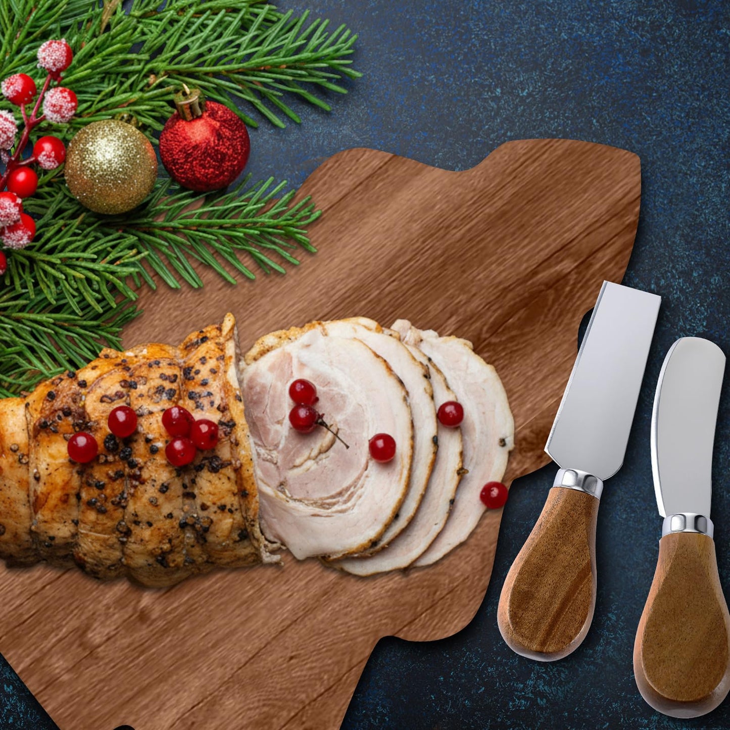 Teenyyou 12 Pcs Christmas Tree Cutting Boards Gift with Cheese Knives Bulk Xmas Charcuterie Board for Kitchen Wooden Bread Serving Tray Platters for Holiday Party Decoration(Acacia Wood)