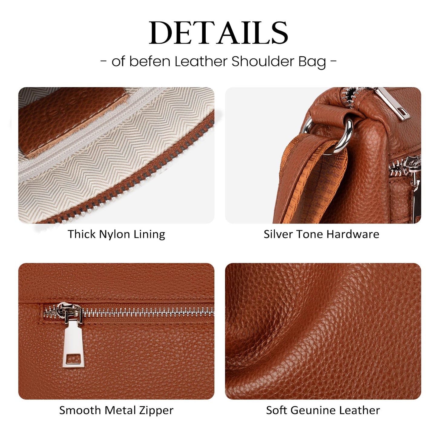 befen Cognac Brown Soft Genuine Leather Crossbody Purse for Women Lightweight Leather Cross Body Shoulder Bags Handbag for Travel