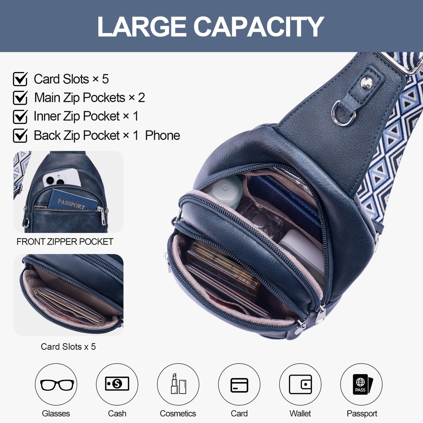 Lexiyat Anti Theft Crossbody Bags for Women Travel Chest Sling Bag Leather RFID Purse Fanny Pack Blue
