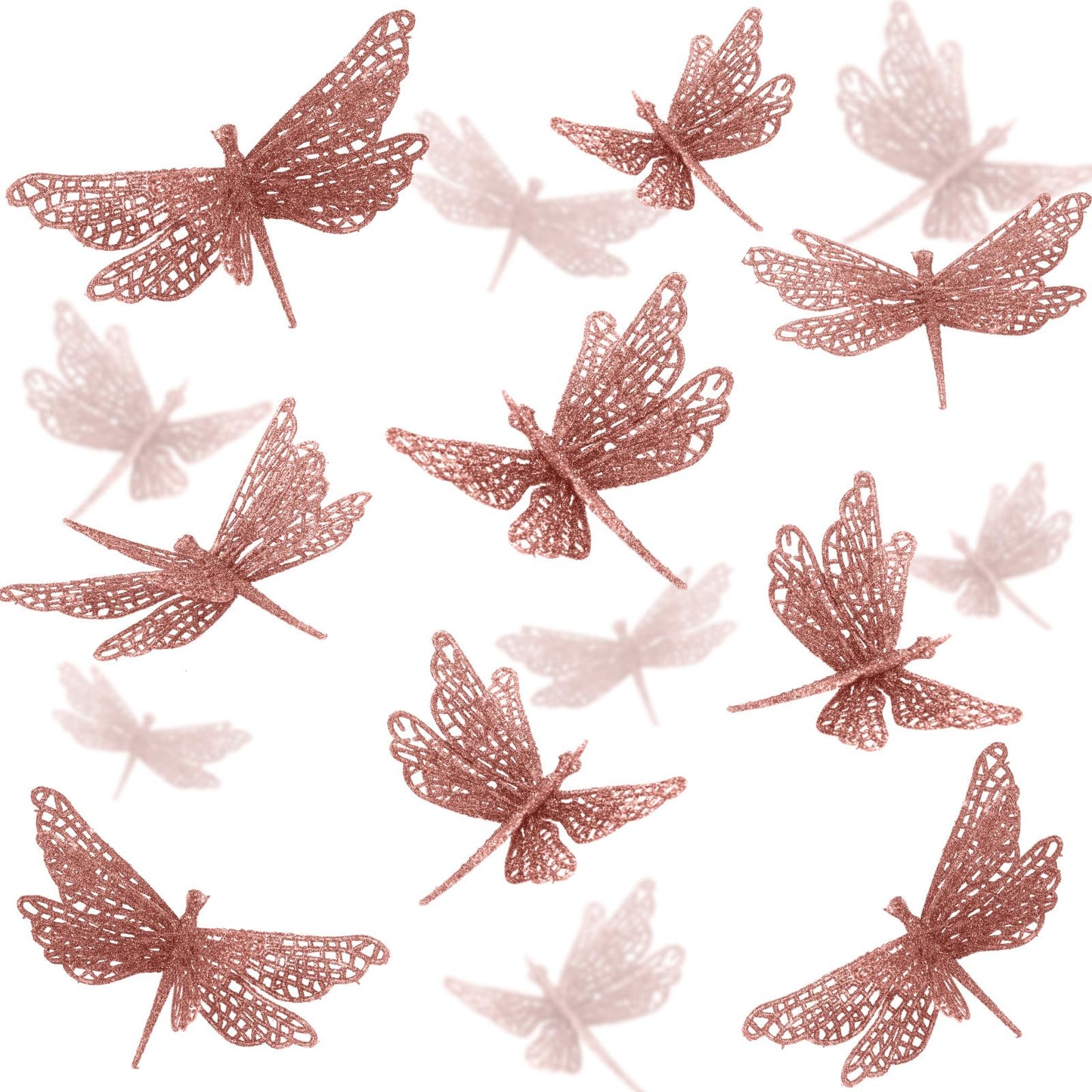 Motionchic 24 Pcs Glitter Dragonfly Decorations, Rose Gold 3D Dragonfly Wall Decor with Clips Stem for Spring Summer Garden Party Wedding, Glitter Dragonflies for Floral Arrangement DIY Craft