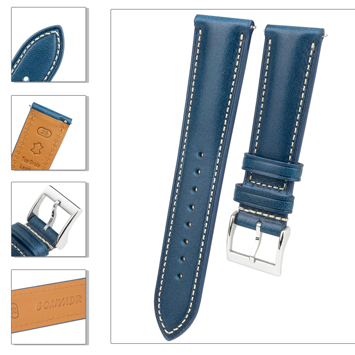Gomvadr Vintage Genuine Top Grain Leather Watch Strap Quick Release, 18/19/20/21/22/24mm, Silver/Black Buckle, Universal Fit Unisex for Daily Wear (Blue with Silver Buckle, 24mm)
