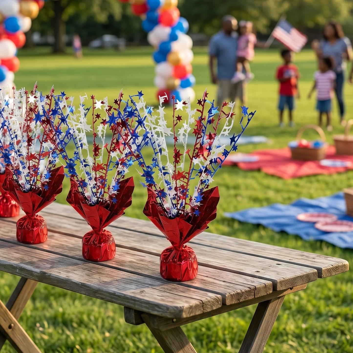 6pcs 4th of July Table Centerpiece Decoration Patriotic Metallic Foil Spray Star Burst Decoration for Independence Day 250th Anniversary Memorial Labor Veteran Day Red White Blue