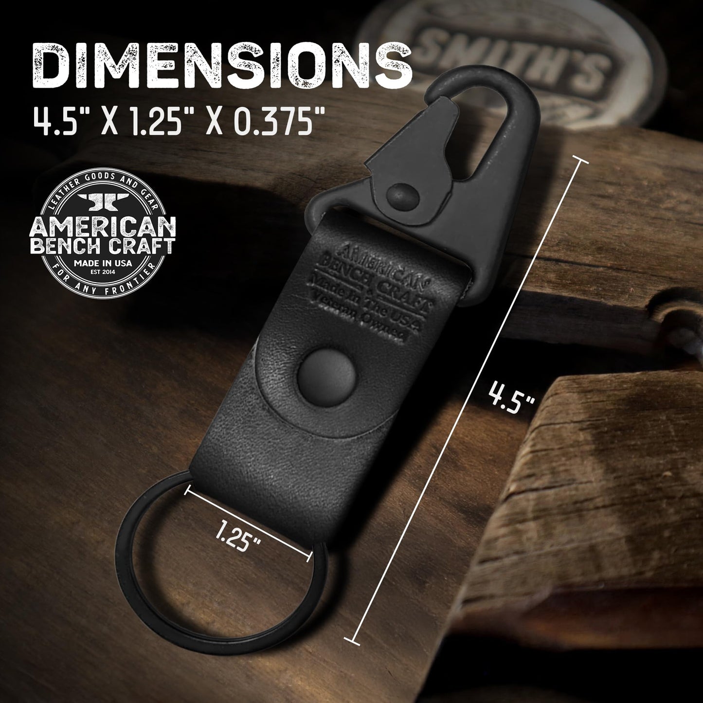 American Bench Craft Clip On Tactical Keychain | Full Grain Leather Key Chain for Men | Car Keychain Made in USA | Key Fob with HK Snap & Durable Riveted Construction for Everyday Use | Black