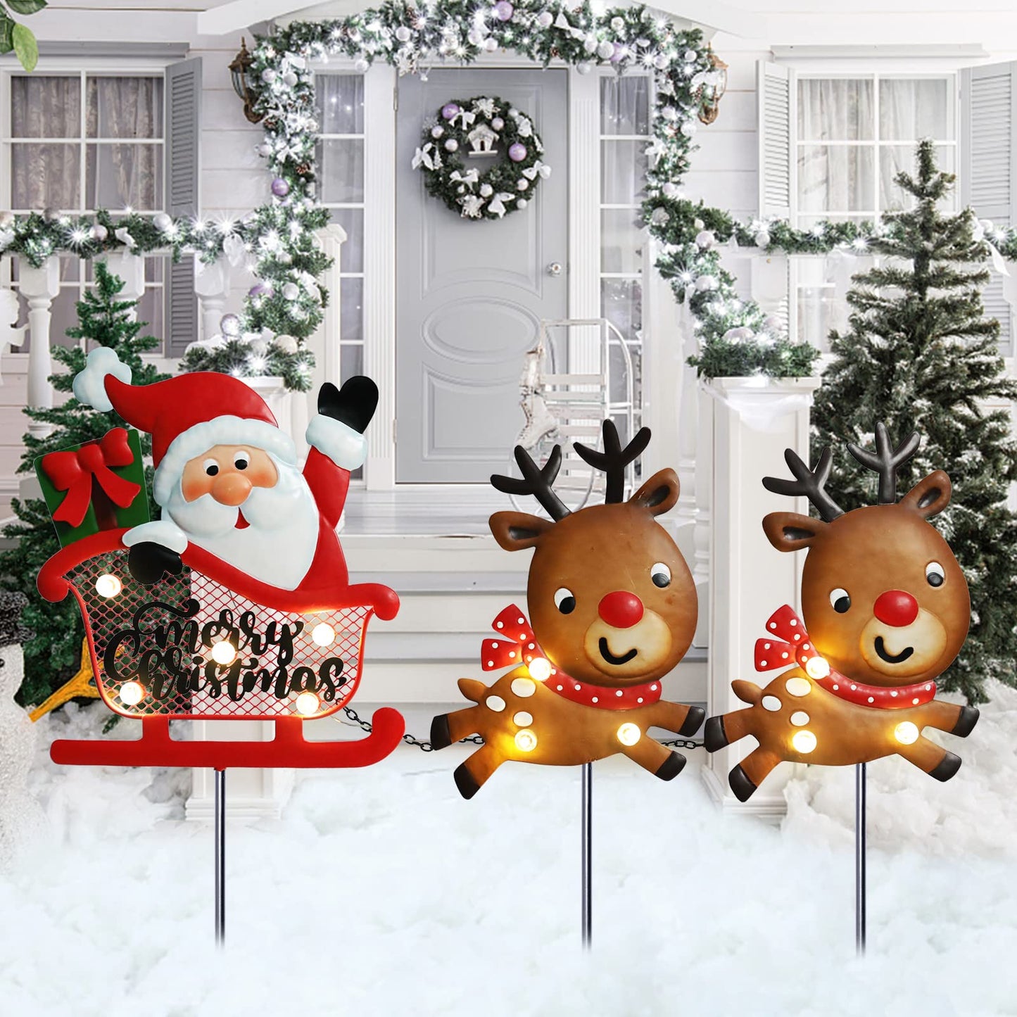 3 Pieces Christmas Decorations Outdoor Yard Sign with LED Lights Sled Lawn Sign Santa Reindeer Yard Sign with 3 Yard Stakes for Outdoor Christmas Decoration
