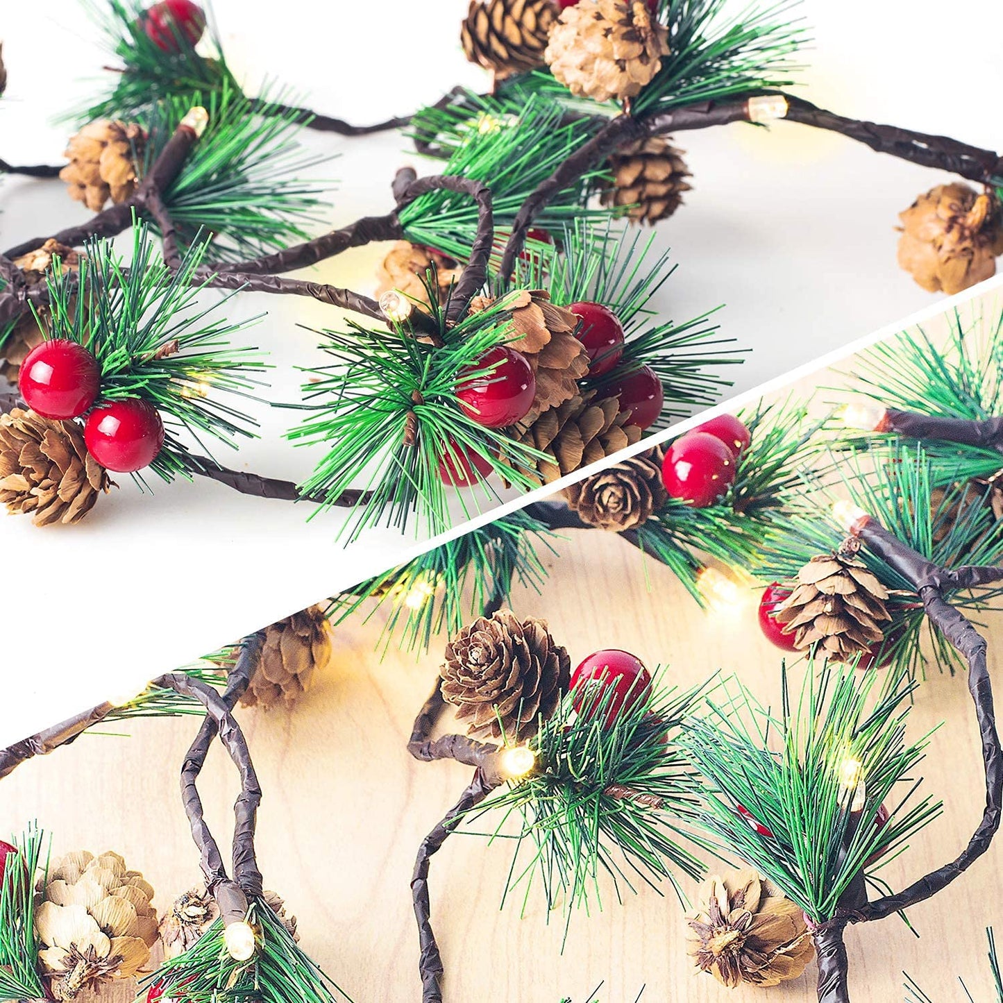 Hongyitime 7.8 FT PineCones String Lights, Christmas Pine Cone Light String, 20 LED Red Berry Pine Cone Garland Lights, led Garland String Lights, Christmas Decorations for Home