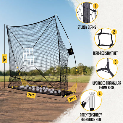 PodiuMax 7x7 Baseball & Softball Net with Large Ball Collection System, Upgraded Triangular Base, Softball Pitching Net with 2 Strike Zone, Baseball Nets for Batting, Pitching, Fielding