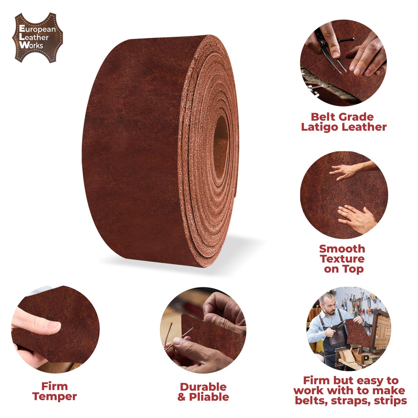 ELW 9-10 oz (3.6-4mm) Latigo Leather Belt Grade Straps & Strips | Size: 1"x50" (2.5x127cm) | Russet | Full Grain Cowhide, Heavy Duty Holsters, Sheathes, Harness, Saddle, Guitar Straps, DIY Crafts