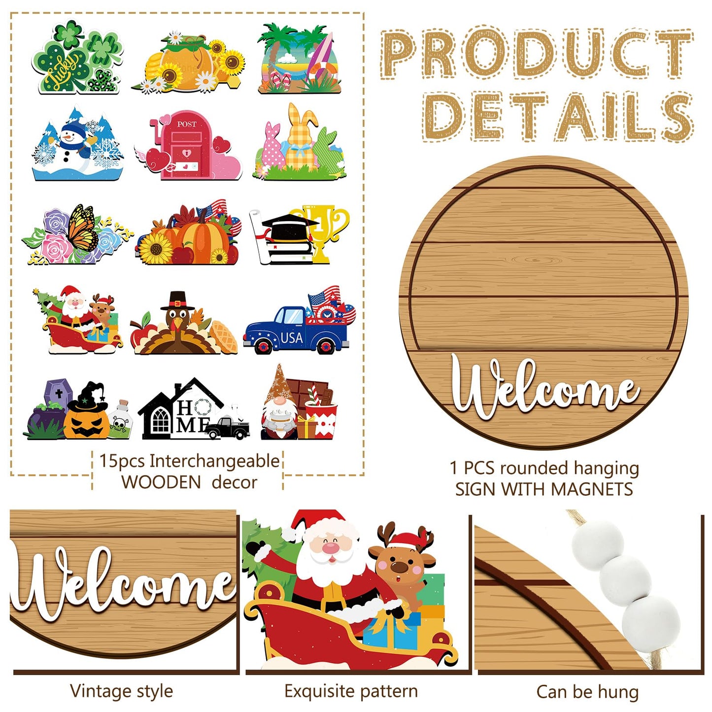 Sintuff 16 Pcs 12 Inch Interchangeable Welcome Sign for Front Door Wood Seasonal Magnetic Icon Holiday Wreath Decor Rustic Hanging Sign for Patriotic Summer Home Warming Gift(White Word, Wood Back)