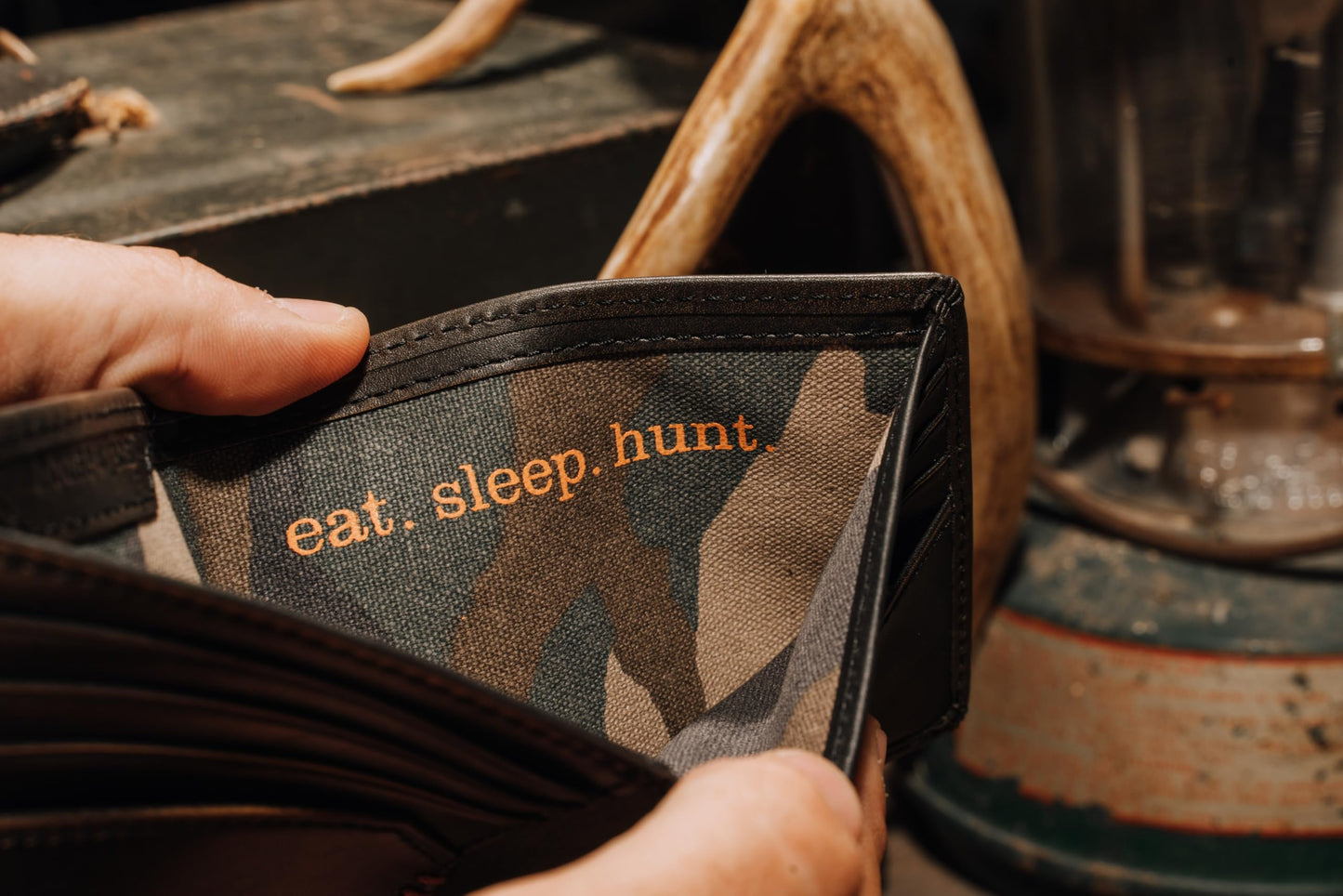 House of Jack Co. Deer Men's Double ID Bifold Wallet, Full Grain Leather Hunting Wallet, 2 ID Windows, 10 Card Slots, Camo Lining, Embossed Whitetail Deer, Hunter Gift for Men, Black