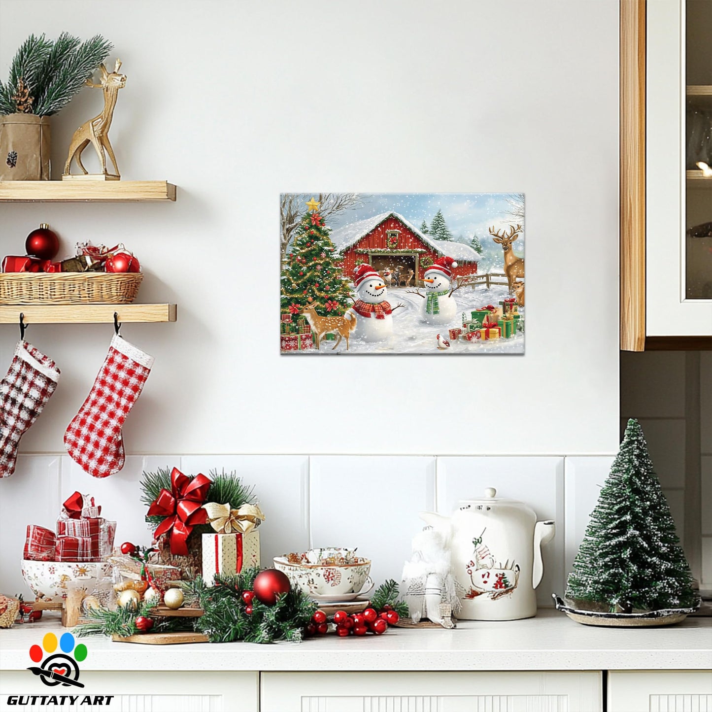 GUTTATY Christmas Canvas Wall Decor, Snowman Christmas Pictures Wall Art, Winter Farmhouse Pictures Prints, Deer Animal Pictures Posters Framed, Xmas Holiday Wall Decor for Living Room 18x24 Inch