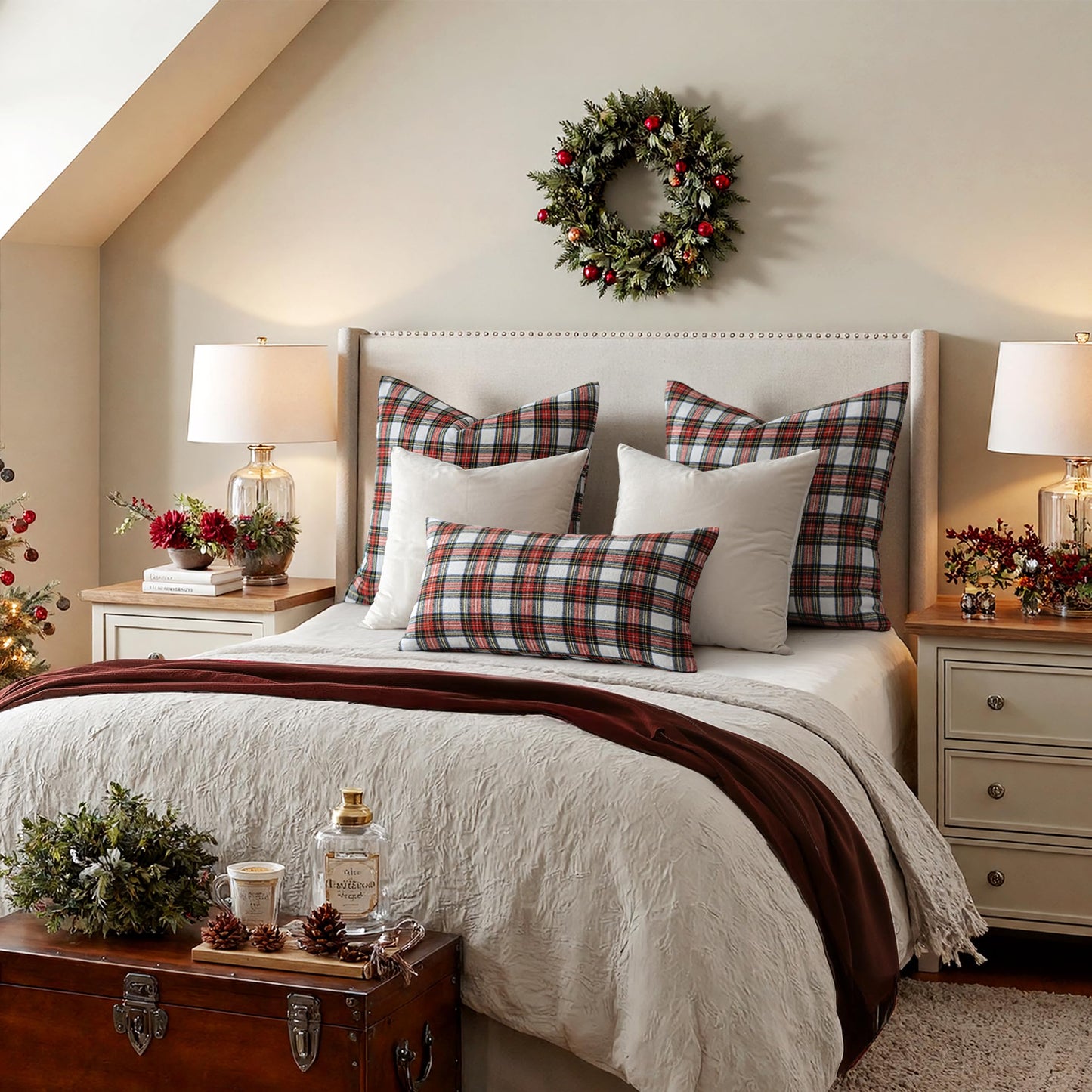 MIULEE Christmas Set of 2 Scottish Tartan Plaid Lumbar Throw Pillow Covers Farmhouse Classic Decorative Outdoor Cushion Cases for Home Decor Sofa Couch 12x20 Inch, Red and White