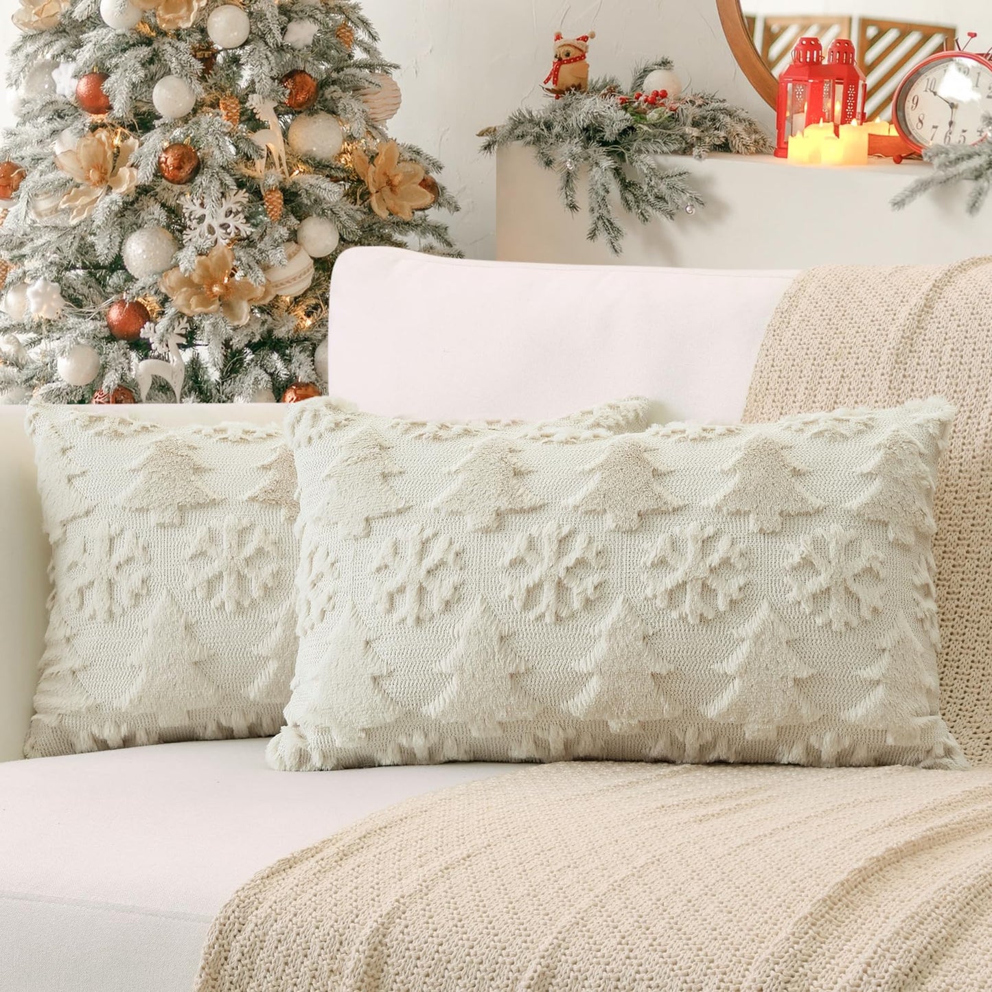 OTOSTAR Set of 2 Christmas Throw Pillow Covers 12x20 Inch, Soft Plush Faux Fur Christmas Tree Snowflake Winter Holiday Xmas Decorative Lumbar Cushion Cover Cases for Sofa Couch Bed Living Room, Beige