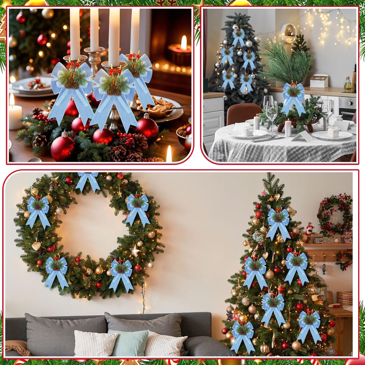 Syhood 6 Pcs Christmas Velvet Bow with Pine Cones Pine Needles Berries Xmas Bright Blue Ribbon Bow Ornaments 6.3 x 5.1 Inch for Christmas Tree Wreath Garden Fireplace Crafts DIY Decor