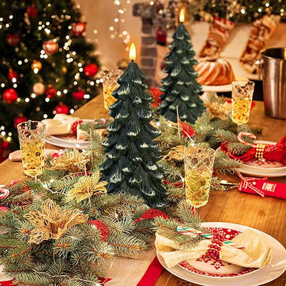 Christmas Tree Shaped Flickering Flameless Candles, Green Real Wax Battery Operated LED Candles with Timer for Christmas Home Party Decoration Christmas Gift Set of 2