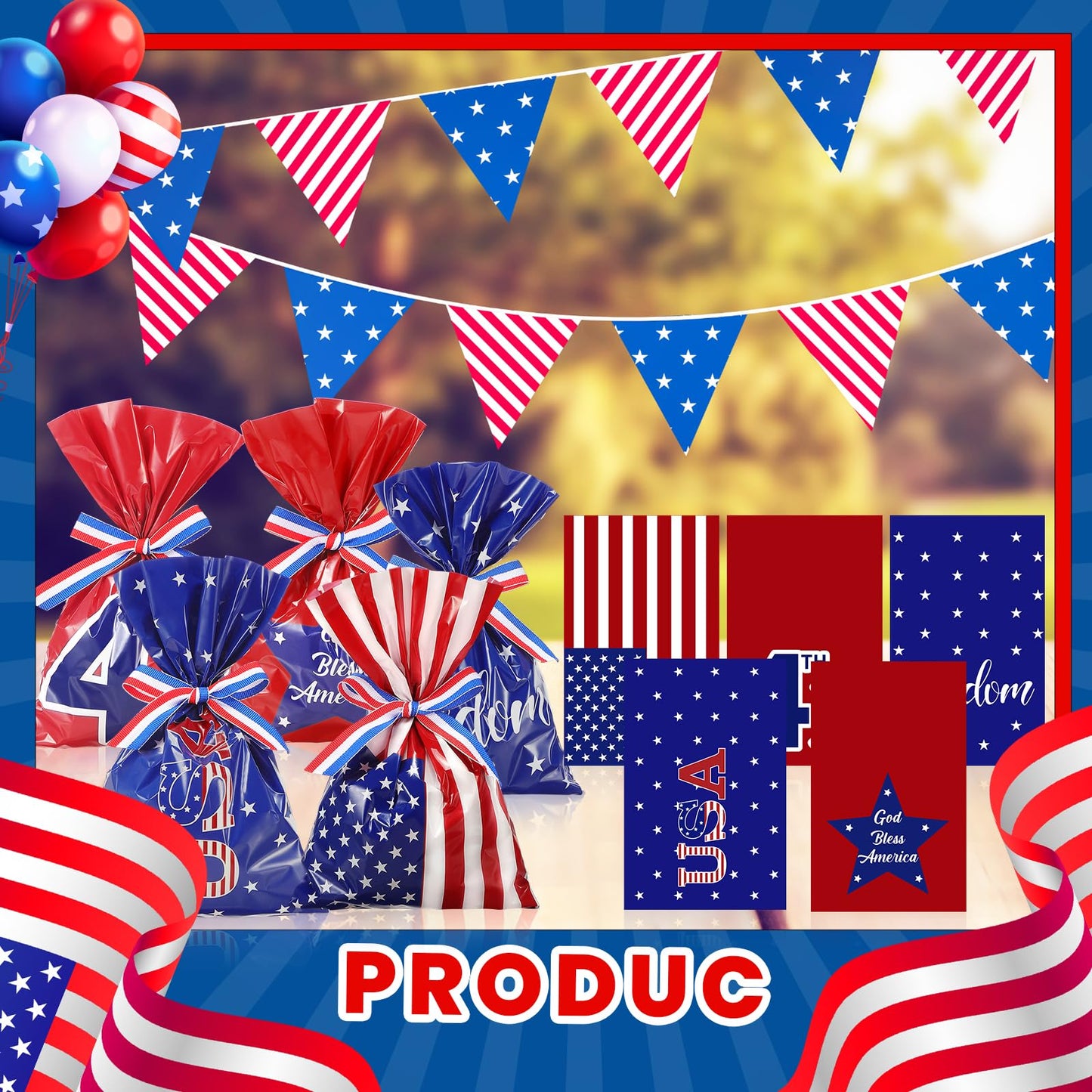 Tenare 100 Pack Christmas Treat Cellophane Bags 6 x 9 Inches Patriotic Goodie Bags Red White and Blue Candy with 40 Yards Ribbon for Christmas Independence Day Memorial Party Favor Supplies