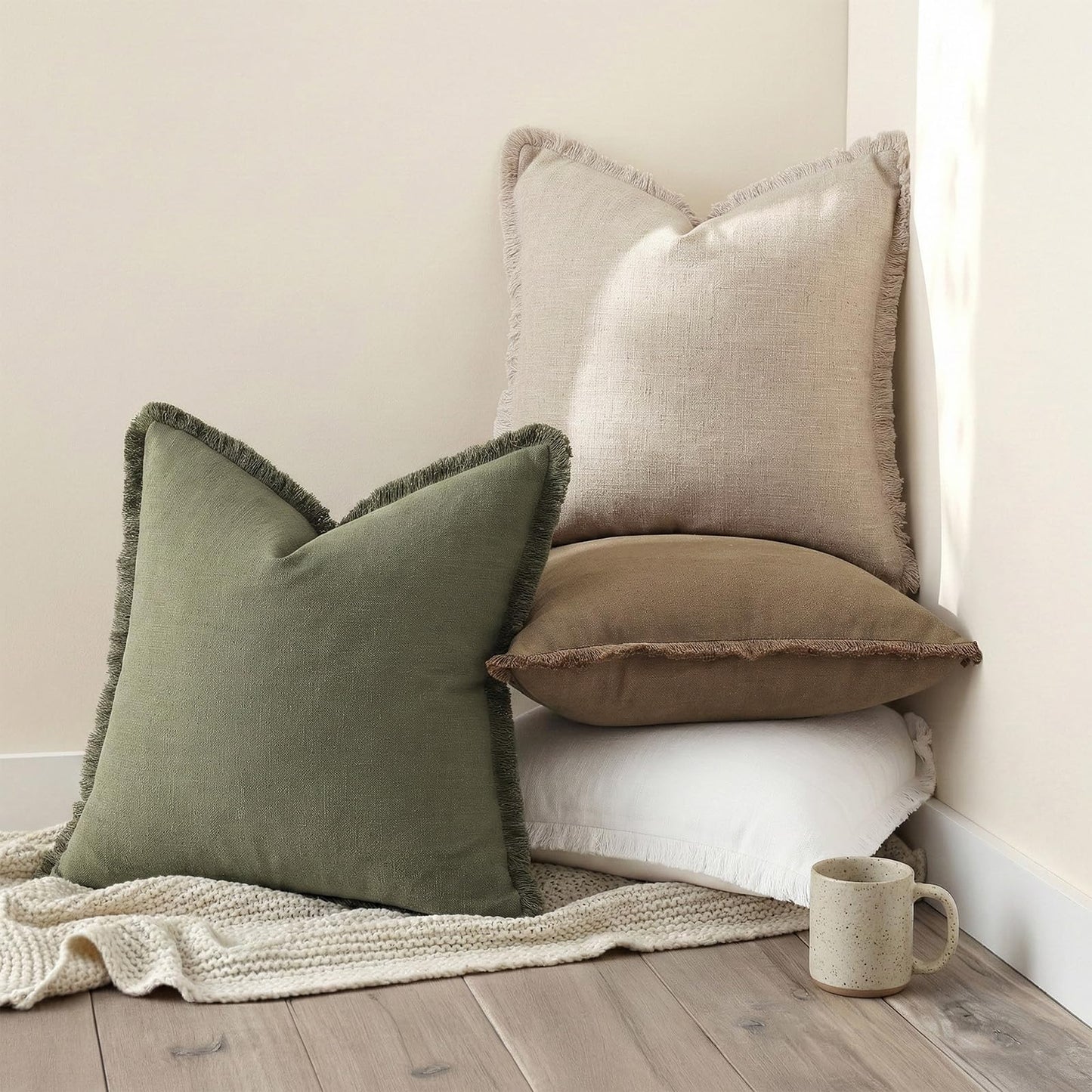 decorUhome Summer Decorative Neutral Linen Fringe Throw Pillow Covers Set of 2 Olive Green Pillow Covers with Tassels Soft Farmhouse Boho Accent Pillow Cases for Couch Bed Sofa 18x18 Inch