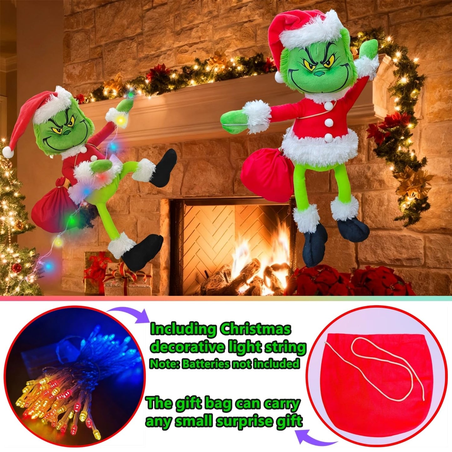 Christmas Green Monster Decorations, 23.6in Light Up Green Santa with LED String Lights Christmas Tree Ornaments, Pose-able Stuffed Doll for Outdoor Indoor Lawn Decoration