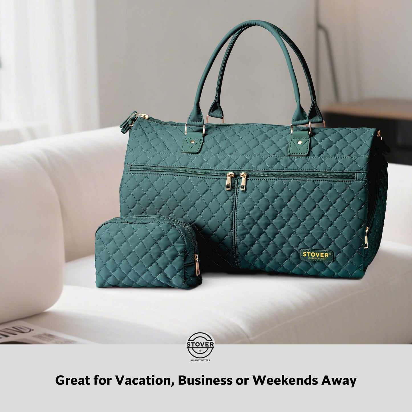 STOVER Women’s Convertible Garment Duffel Bag for Travel – 2-in-1 Carry-On Weekender/Overnight Tote - Wrinkle-Free Dresses, Suits & Clothes + Shoe Compartment & Bonus Toiletry Bag (Emerald Green)