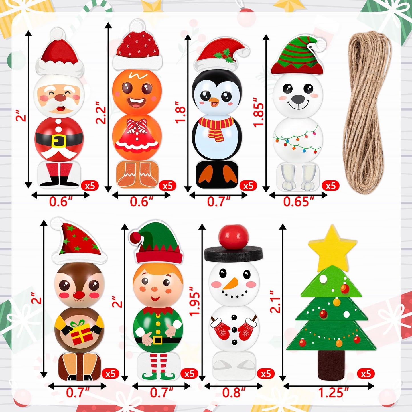 40Sets Christmas Wooden Beads Ornaments Crafts Kits：DIY Xmas Santa, Elf, Gingerbread, Penguin, Reindeer, Snowman, Tree Winter Decorations Stocking Stuffers Goodie Bag Party Supplies