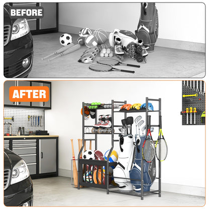 TORACK Golf Bags Stand with Ball Storage, Large Capacity Garage Sports Equipment Organizer, Indoor Toys Storage