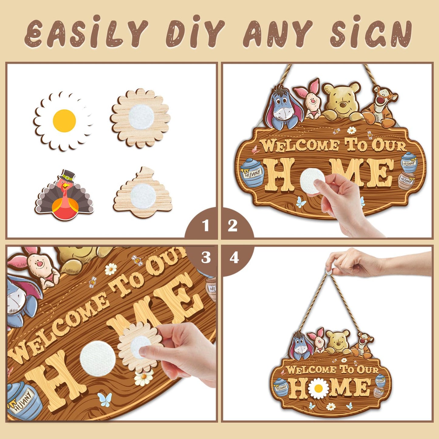 Winnie Welcome Sign for Door Decor, the Pooh Welcome to Our Home Sign with Interchangeable Holiday Sign, Welcome Sign for Home Farmhouse, Perfect for Christmas Thanksgiving Gifts, Housewarming Gifts