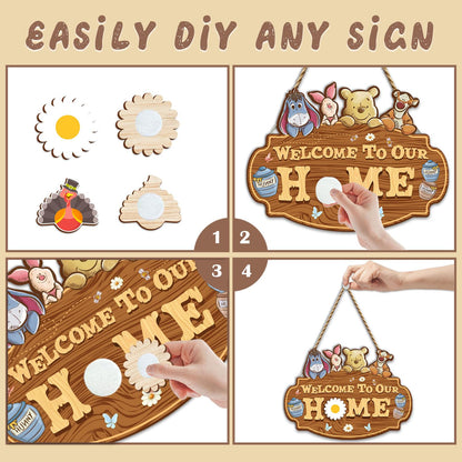 Winnie Welcome Sign for Door Decor, the Pooh Welcome to Our Home Sign with Interchangeable Holiday Sign, Welcome Sign for Home Farmhouse, Perfect for Christmas Thanksgiving Gifts, Housewarming Gifts