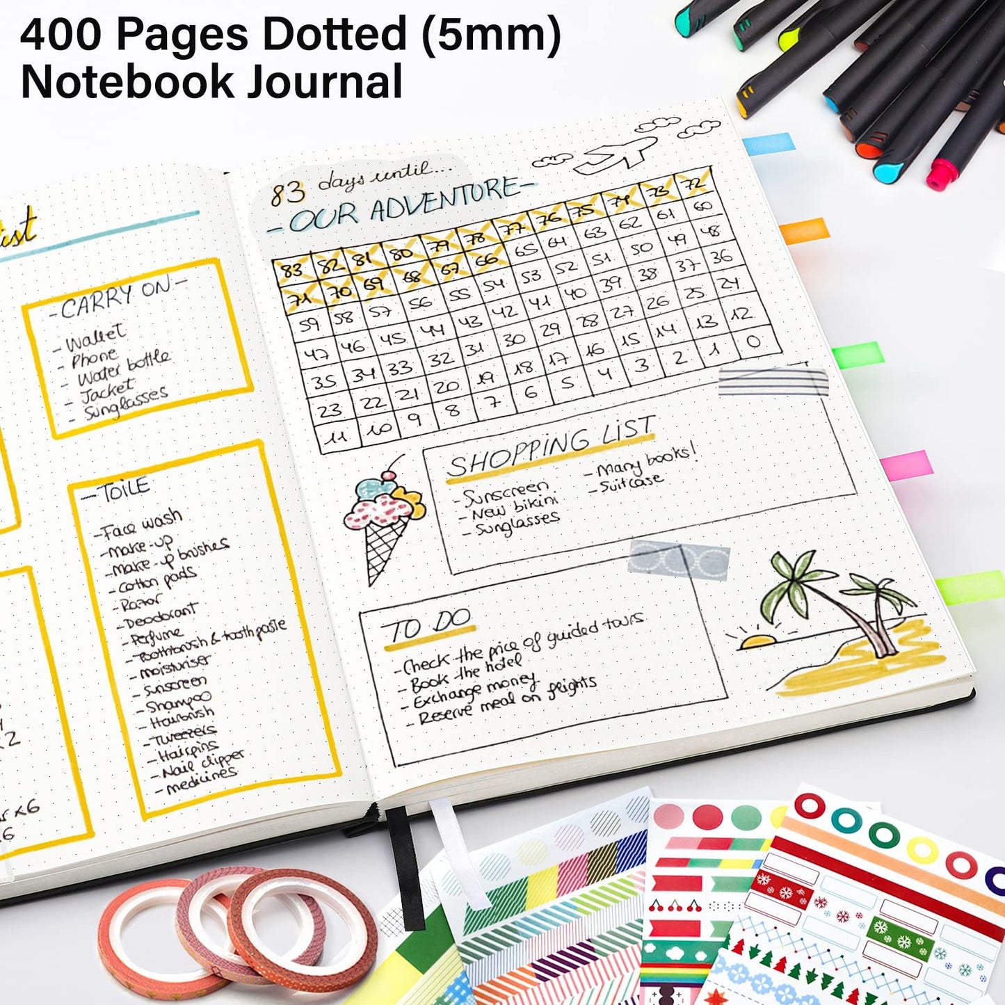 Notebook Journal, Dotted Journal, 8.5" x 11", 400 Pages Dot Grid Notebook, No Bleed Thick Paper, Leather Journal for Bullet Journaling, Work, School, Notes, 125pcs Sticky Tabs, Inner Pocket, Green