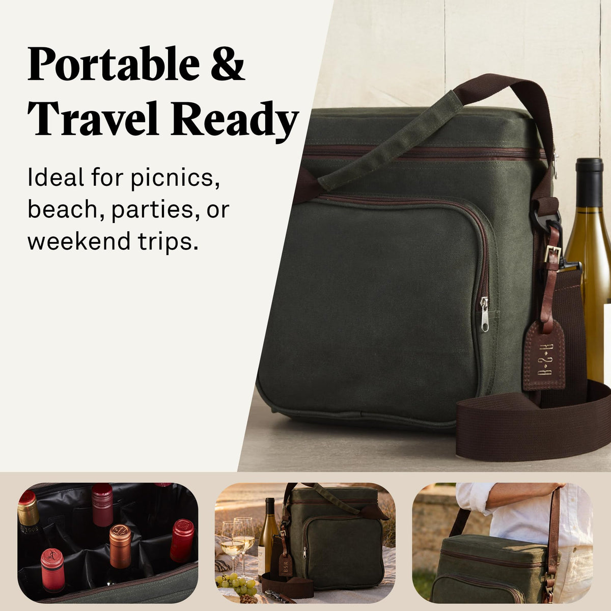 Wine Enthusiast 6-Bottle Waxed Canvas Wine Bag Tote Insulated Wine Carrier Cooler Travel & Picnics Holds Tall Bottles Includes Ice Pack Chilling Reusable Tote Bag for Wine Gifts & Outdoor Gatherings