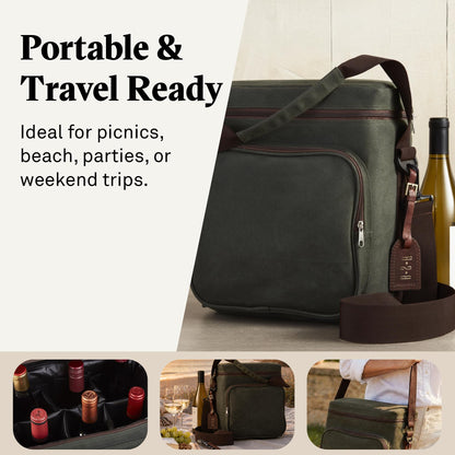 Wine Enthusiast 6-Bottle Waxed Canvas Wine Bag Tote Insulated Wine Carrier Cooler Travel & Picnics Holds Tall Bottles Includes Ice Pack Chilling Reusable Tote Bag for Wine Gifts & Outdoor Gatherings