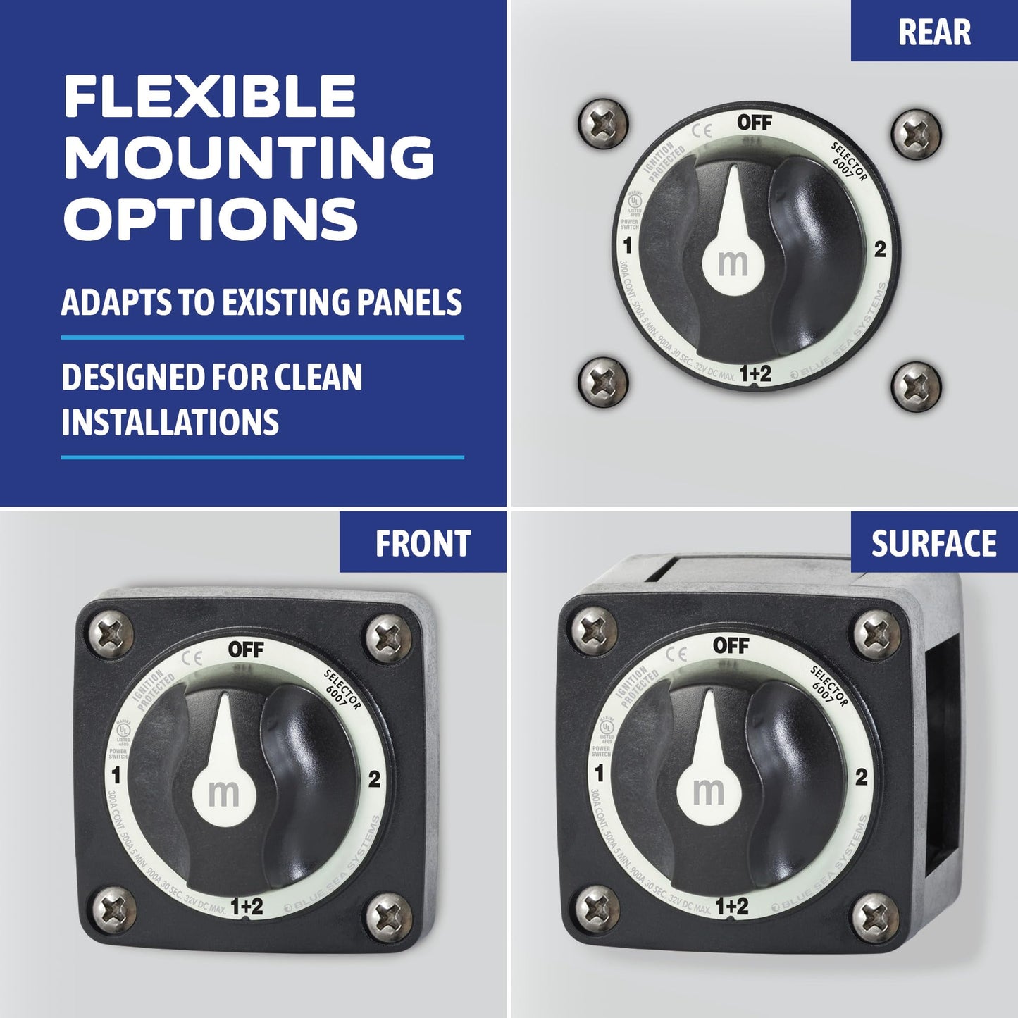 Blue Sea Systems 4‑Position Mini Selector Battery Switch, Black, 6007200 m‑Series