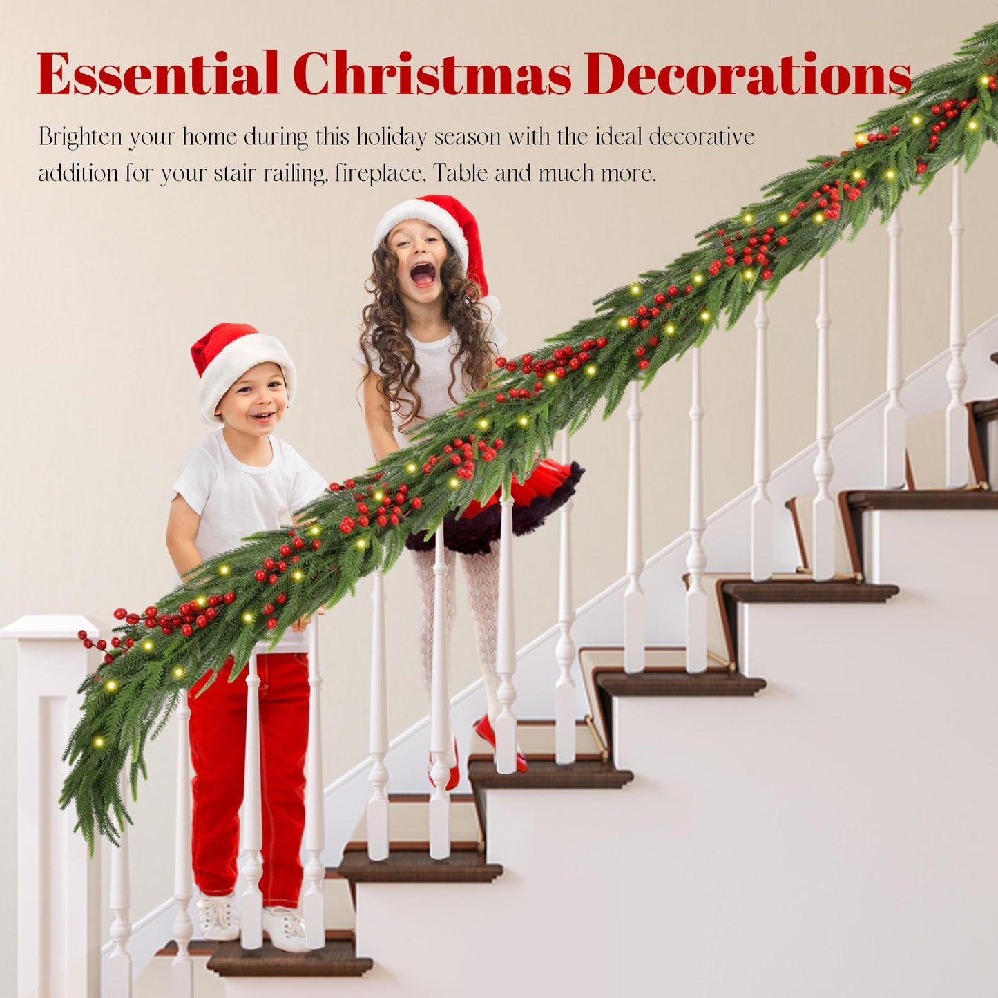 Christmas Norfolk Pine Garland 2PCS 9FT,Real Touch Faux Winter Greenery Garland with Light for Stairs Table Fireplace Backdrop Wall,Christmas Holiday Seasonal Winter Decor