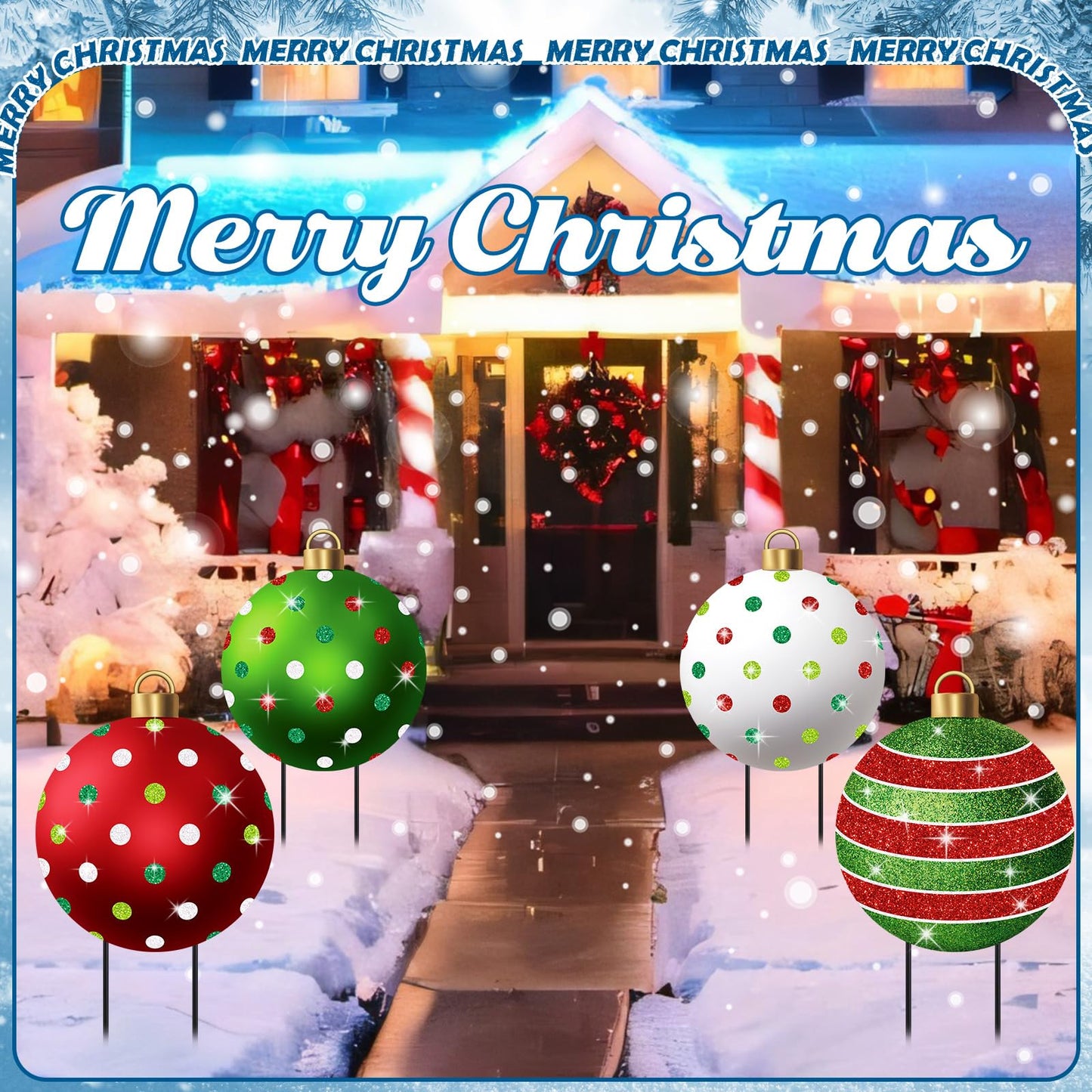 Nuanchu 4 Pcs Metal Christmas Balls Yard Signs Glitter Xmas Yard Sign Stake 21.3 Inches Xmas Waterproof Lawn Signs Christmas Outdoor Decorations for Outside Garden Patio Holiday Home Party Decor